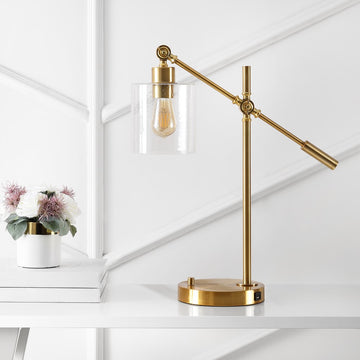 Kathryn Classic 23" Iron/Seeded Glass Adjustable Head Modern USB Charging LED Task Lamp - JONATHAN Y